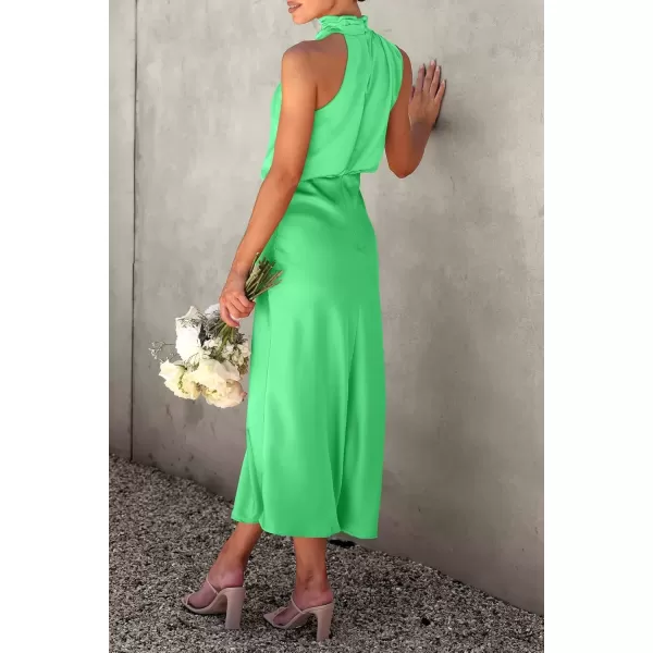 imagePRETTYGARDEN Womens 2024 Summer Satin Dress Elegant Sleeveless Mock Neck Cocktail Party Maxi DressesGrass Green
