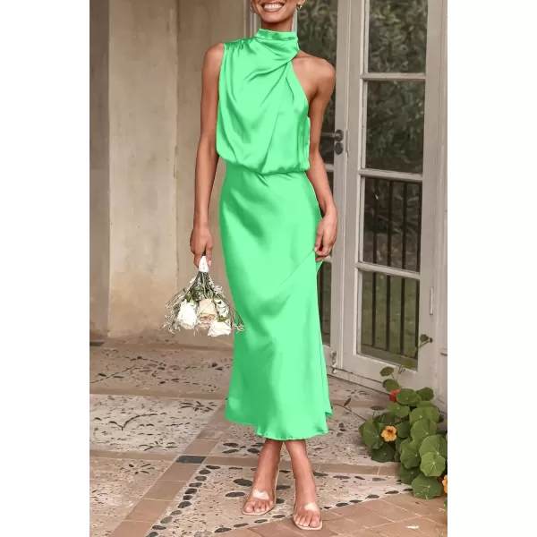 imagePRETTYGARDEN Womens 2024 Summer Satin Dress Elegant Sleeveless Mock Neck Cocktail Party Maxi DressesGrass Green