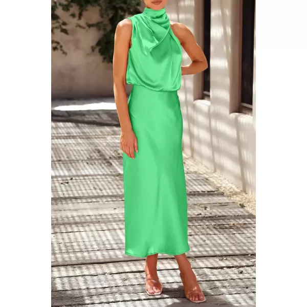 imagePRETTYGARDEN Womens 2024 Summer Satin Dress Elegant Sleeveless Mock Neck Cocktail Party Maxi DressesGrass Green