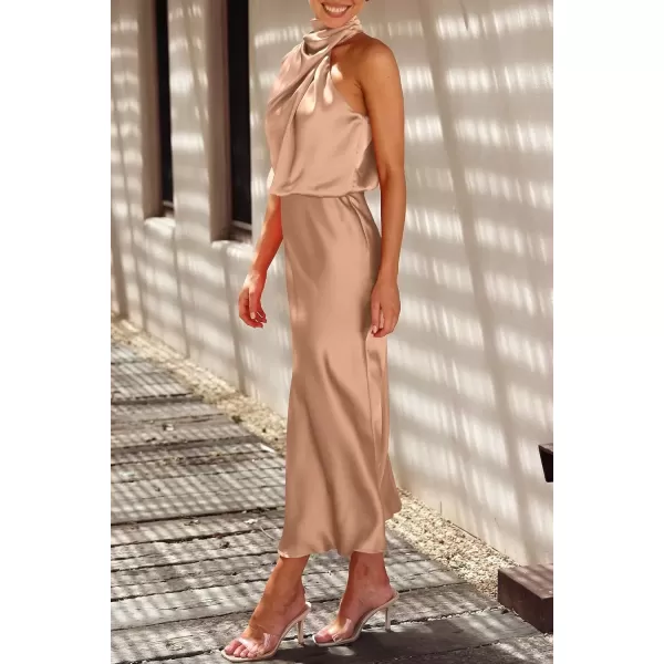 imagePRETTYGARDEN Womens 2024 Summer Satin Dress Elegant Sleeveless Mock Neck Cocktail Party Maxi DressesLight Khaki