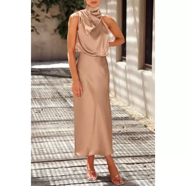 imagePRETTYGARDEN Womens 2024 Summer Satin Dress Elegant Sleeveless Mock Neck Cocktail Party Maxi DressesLight Khaki