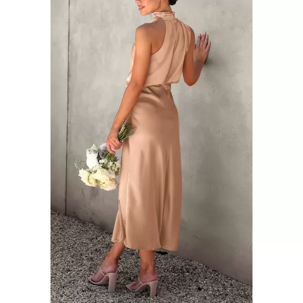 imagePRETTYGARDEN Womens 2024 Summer Satin Dress Elegant Sleeveless Mock Neck Cocktail Party Maxi DressesLight Khaki