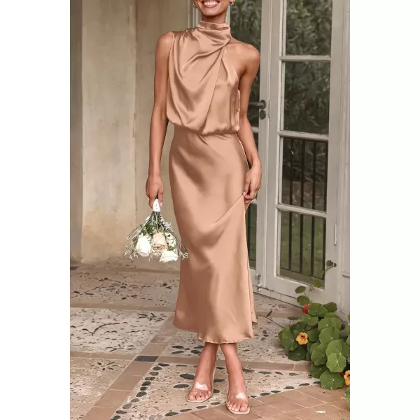 imagePRETTYGARDEN Womens 2024 Summer Satin Dress Elegant Sleeveless Mock Neck Cocktail Party Maxi DressesLight Khaki