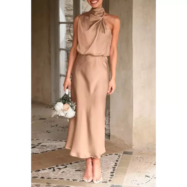 imagePRETTYGARDEN Womens 2024 Summer Satin Dress Elegant Sleeveless Mock Neck Cocktail Party Maxi DressesLight Khaki