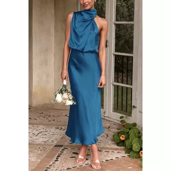 imagePRETTYGARDEN Womens 2024 Summer Satin Dress Elegant Sleeveless Mock Neck Cocktail Party Maxi DressesNavy