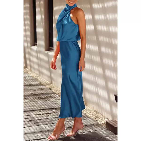 imagePRETTYGARDEN Womens 2024 Summer Satin Dress Elegant Sleeveless Mock Neck Cocktail Party Maxi DressesNavy