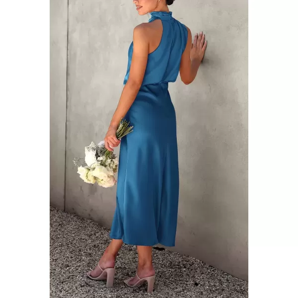 imagePRETTYGARDEN Womens 2024 Summer Satin Dress Elegant Sleeveless Mock Neck Cocktail Party Maxi DressesNavy