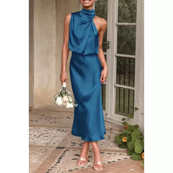imagePRETTYGARDEN Womens 2024 Summer Satin Dress Elegant Sleeveless Mock Neck Cocktail Party Maxi DressesNavy