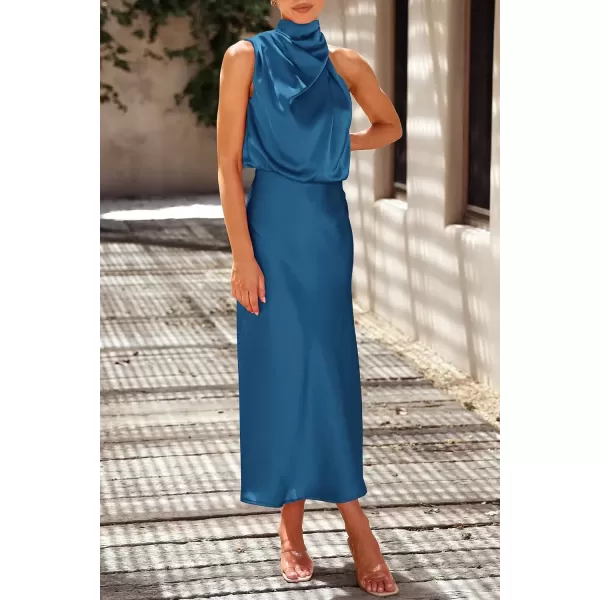 imagePRETTYGARDEN Womens 2024 Summer Satin Dress Elegant Sleeveless Mock Neck Cocktail Party Maxi DressesNavy