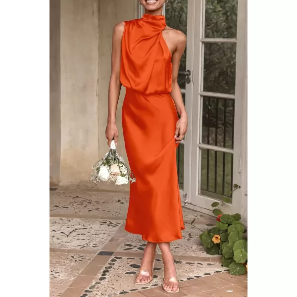 imagePRETTYGARDEN Womens 2024 Summer Satin Dress Elegant Sleeveless Mock Neck Cocktail Party Maxi DressesOrange