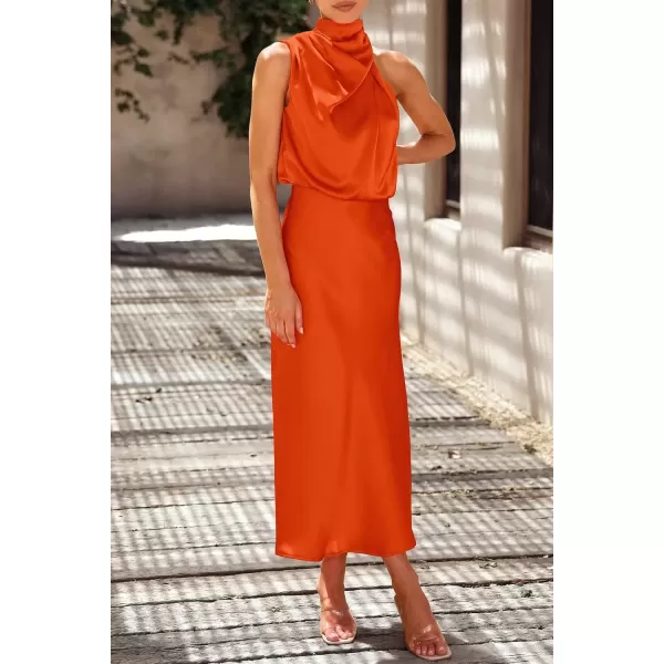 imagePRETTYGARDEN Womens 2024 Summer Satin Dress Elegant Sleeveless Mock Neck Cocktail Party Maxi DressesOrange