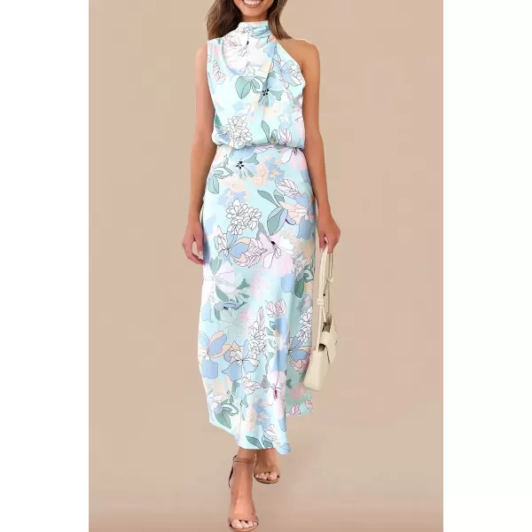 imagePRETTYGARDEN Womens 2024 Summer Satin Dress Elegant Sleeveless Mock Neck Cocktail Party Maxi DressesPrint Blue