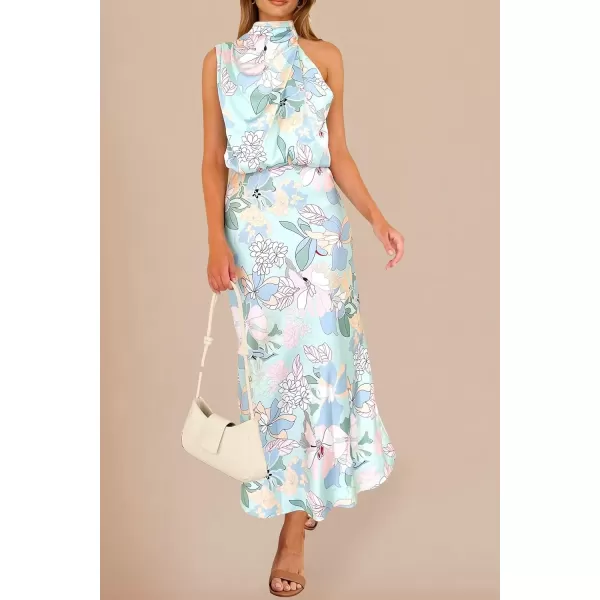 imagePRETTYGARDEN Womens 2024 Summer Satin Dress Elegant Sleeveless Mock Neck Cocktail Party Maxi DressesPrint Blue
