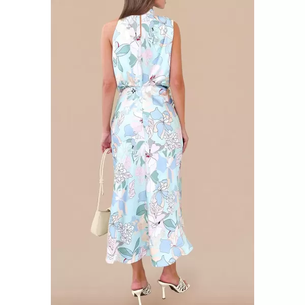 imagePRETTYGARDEN Womens 2024 Summer Satin Dress Elegant Sleeveless Mock Neck Cocktail Party Maxi DressesPrint Blue