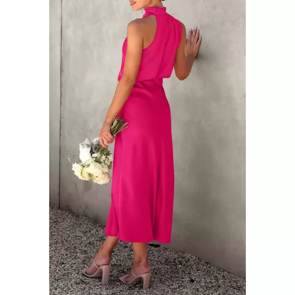 imagePRETTYGARDEN Womens 2024 Summer Satin Dress Elegant Sleeveless Mock Neck Cocktail Party Maxi DressesRose Red