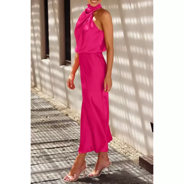 imagePRETTYGARDEN Womens 2024 Summer Satin Dress Elegant Sleeveless Mock Neck Cocktail Party Maxi DressesRose Red