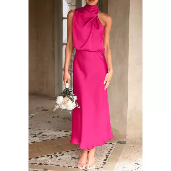 imagePRETTYGARDEN Womens 2024 Summer Satin Dress Elegant Sleeveless Mock Neck Cocktail Party Maxi DressesRose Red