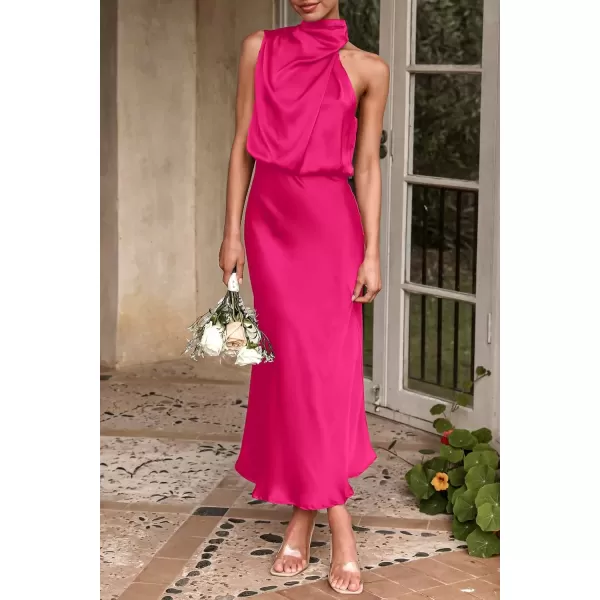 imagePRETTYGARDEN Womens 2024 Summer Satin Dress Elegant Sleeveless Mock Neck Cocktail Party Maxi DressesRose Red