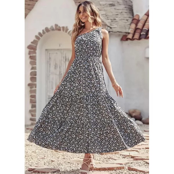 imagePRETTYGARDEN Womens Floral Maxi Dress 2024 Knot One Shoulder Sleeveless Ruffle Hem Flowy Boho DressesBlack Blue
