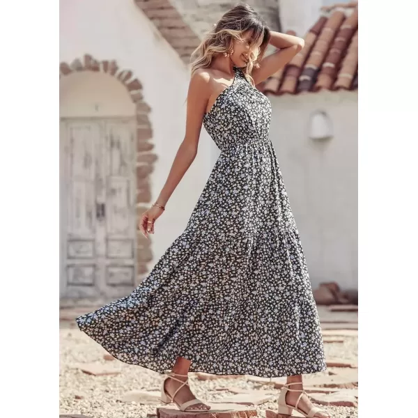 imagePRETTYGARDEN Womens Floral Maxi Dress 2024 Knot One Shoulder Sleeveless Ruffle Hem Flowy Boho DressesBlack Blue