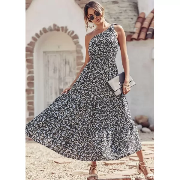 imagePRETTYGARDEN Womens Floral Maxi Dress 2024 Knot One Shoulder Sleeveless Ruffle Hem Flowy Boho DressesBlack Blue