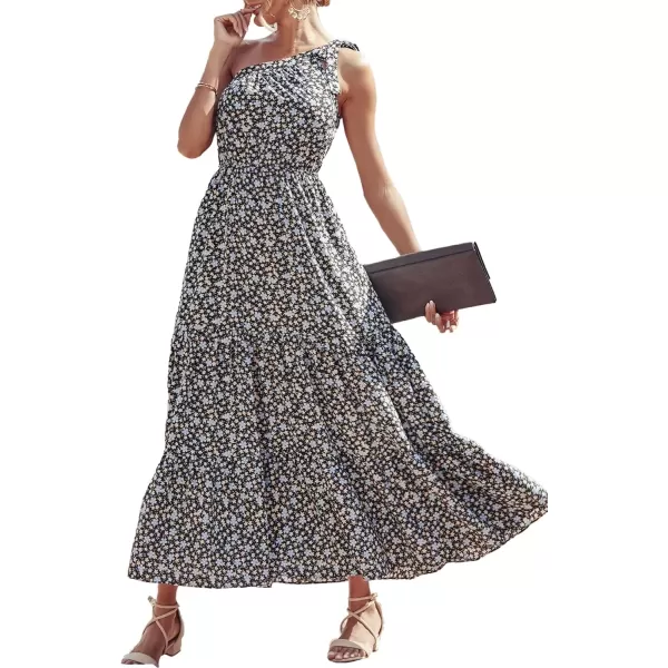 imagePRETTYGARDEN Womens Floral Maxi Dress 2024 Knot One Shoulder Sleeveless Ruffle Hem Flowy Boho DressesBlack Blue
