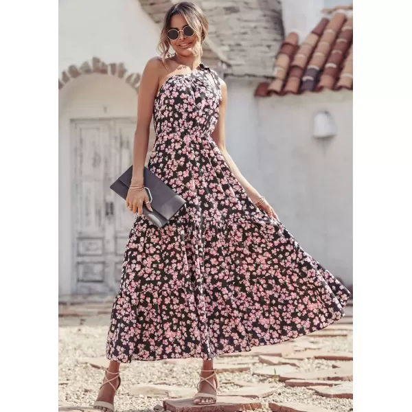 imagePRETTYGARDEN Womens Floral Maxi Dress 2024 Knot One Shoulder Sleeveless Ruffle Hem Flowy Boho DressesBlack Pink