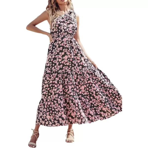 imagePRETTYGARDEN Womens Floral Maxi Dress 2024 Knot One Shoulder Sleeveless Ruffle Hem Flowy Boho DressesBlack Pink