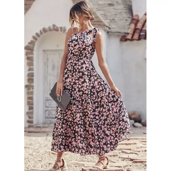 imagePRETTYGARDEN Womens Floral Maxi Dress 2024 Knot One Shoulder Sleeveless Ruffle Hem Flowy Boho DressesBlack Pink