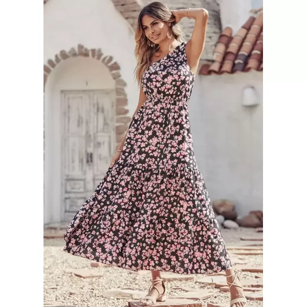 imagePRETTYGARDEN Womens Floral Maxi Dress 2024 Knot One Shoulder Sleeveless Ruffle Hem Flowy Boho DressesBlack Pink