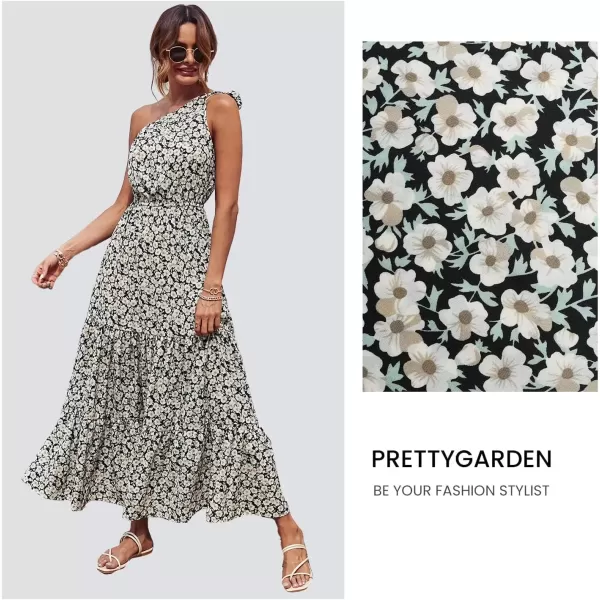 imagePRETTYGARDEN Womens Floral Maxi Dress 2024 Knot One Shoulder Sleeveless Ruffle Hem Flowy Boho DressesBlack White