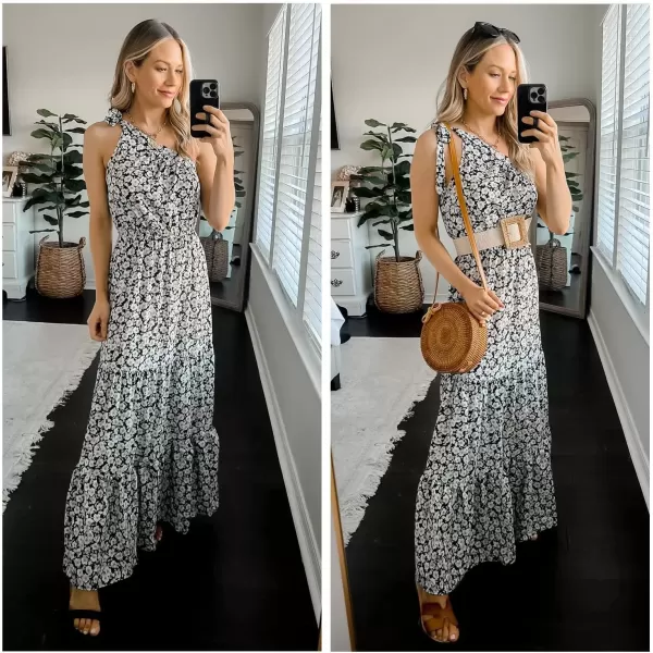 imagePRETTYGARDEN Womens Floral Maxi Dress 2024 Knot One Shoulder Sleeveless Ruffle Hem Flowy Boho DressesBlack White