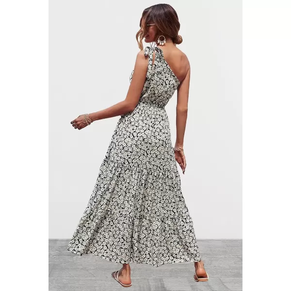 imagePRETTYGARDEN Womens Floral Maxi Dress 2024 Knot One Shoulder Sleeveless Ruffle Hem Flowy Boho DressesBlack White