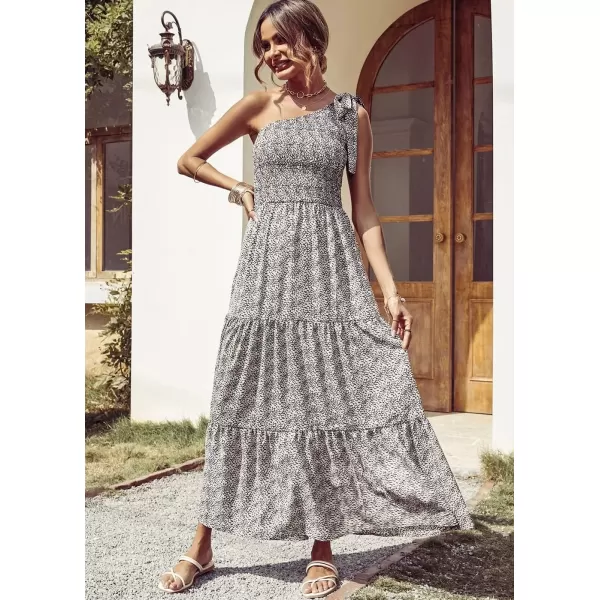 imagePRETTYGARDEN Womens Floral Maxi Dress 2024 Knot One Shoulder Sleeveless Ruffle Hem Flowy Boho DressesBlack White Floral