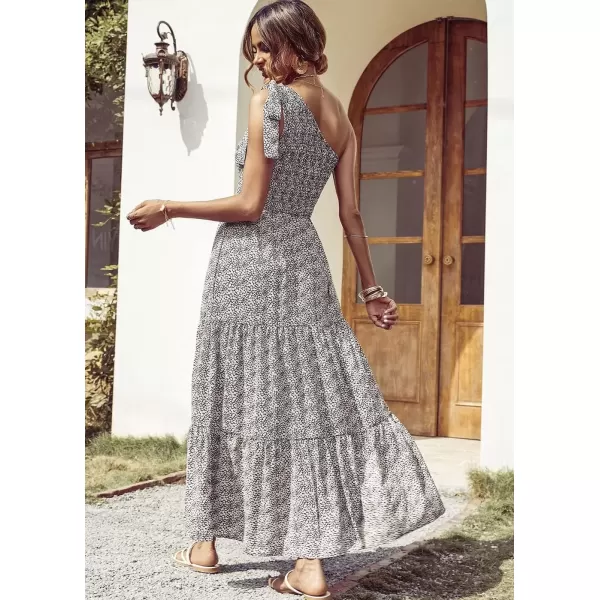 imagePRETTYGARDEN Womens Floral Maxi Dress 2024 Knot One Shoulder Sleeveless Ruffle Hem Flowy Boho DressesBlack White Floral