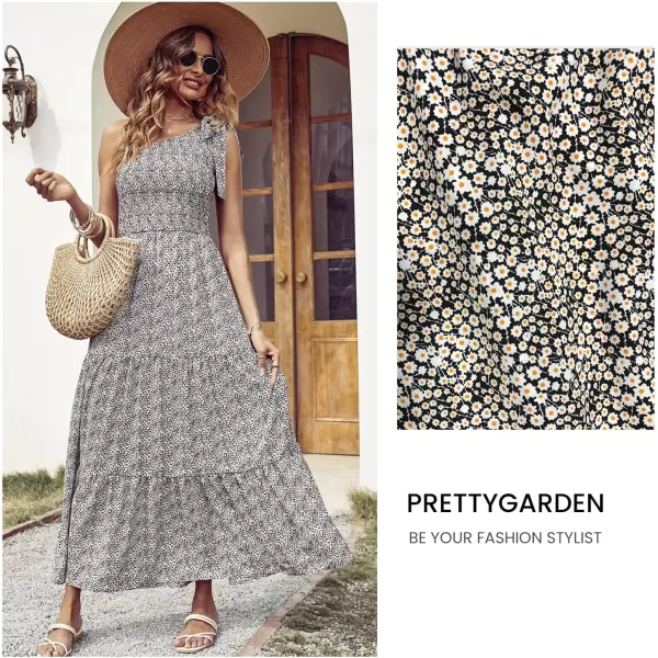 imagePRETTYGARDEN Womens Floral Maxi Dress 2024 Knot One Shoulder Sleeveless Ruffle Hem Flowy Boho DressesBlack White Floral