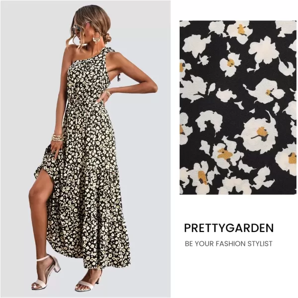imagePRETTYGARDEN Womens Floral Maxi Dress 2024 Knot One Shoulder Sleeveless Ruffle Hem Flowy Boho DressesBlackWhiteYellow
