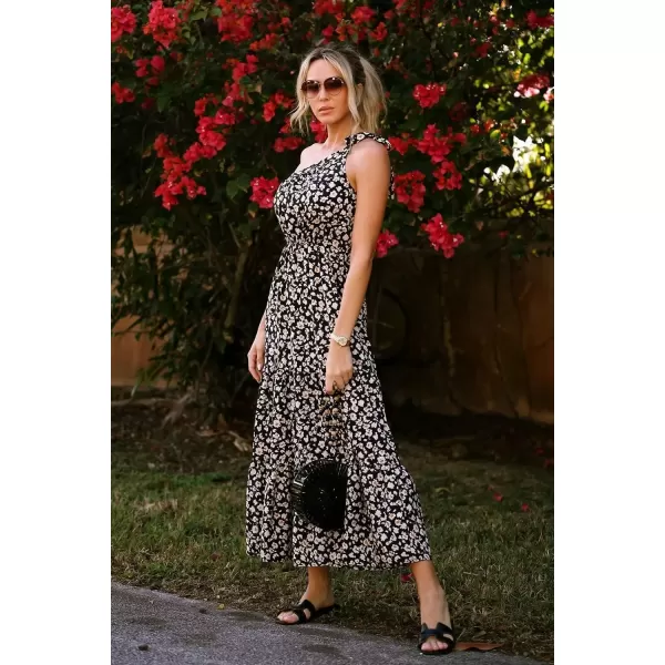 imagePRETTYGARDEN Womens Floral Maxi Dress 2024 Knot One Shoulder Sleeveless Ruffle Hem Flowy Boho DressesBlackWhiteYellow