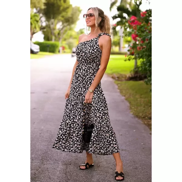imagePRETTYGARDEN Womens Floral Maxi Dress 2024 Knot One Shoulder Sleeveless Ruffle Hem Flowy Boho DressesBlackWhiteYellow