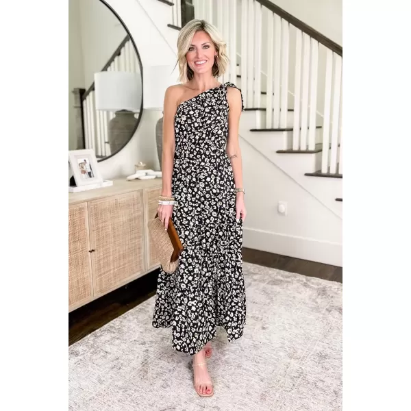 imagePRETTYGARDEN Womens Floral Maxi Dress 2024 Knot One Shoulder Sleeveless Ruffle Hem Flowy Boho DressesBlackWhiteYellow