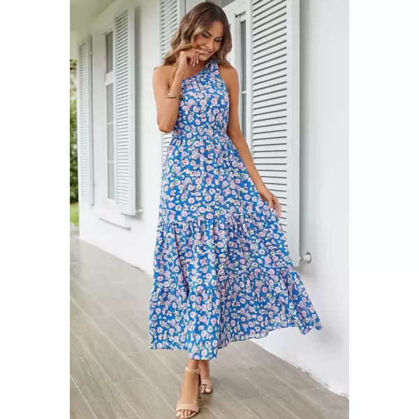 imagePRETTYGARDEN Womens Floral Maxi Dress 2024 Knot One Shoulder Sleeveless Ruffle Hem Flowy Boho DressesBlue Floral