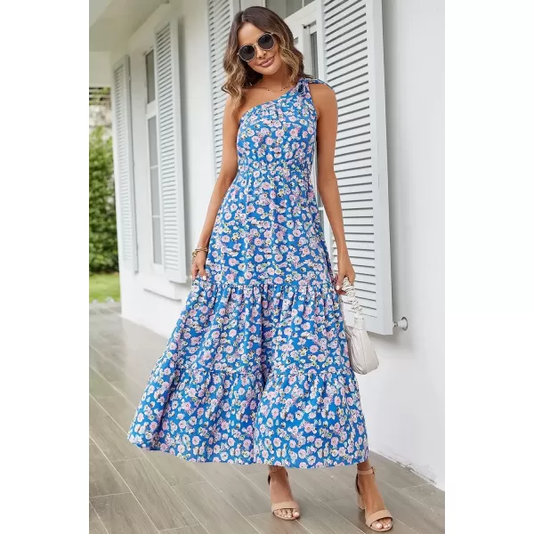 imagePRETTYGARDEN Womens Floral Maxi Dress 2024 Knot One Shoulder Sleeveless Ruffle Hem Flowy Boho DressesBlue Floral