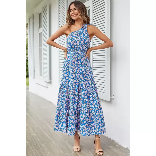 imagePRETTYGARDEN Womens Floral Maxi Dress 2024 Knot One Shoulder Sleeveless Ruffle Hem Flowy Boho DressesBlue Floral