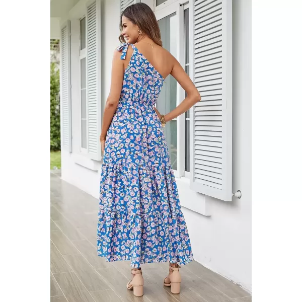 imagePRETTYGARDEN Womens Floral Maxi Dress 2024 Knot One Shoulder Sleeveless Ruffle Hem Flowy Boho DressesBlue Floral