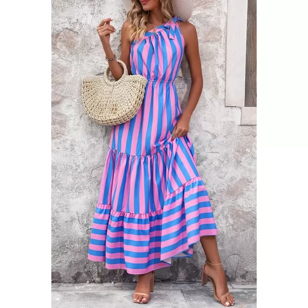 imagePRETTYGARDEN Womens Floral Maxi Dress 2024 Knot One Shoulder Sleeveless Ruffle Hem Flowy Boho DressesBlue Pink Stripe