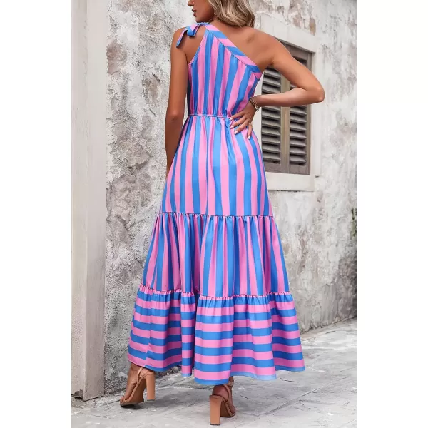 imagePRETTYGARDEN Womens Floral Maxi Dress 2024 Knot One Shoulder Sleeveless Ruffle Hem Flowy Boho DressesBlue Pink Stripe