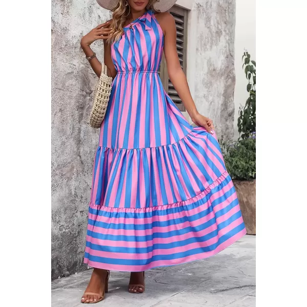 imagePRETTYGARDEN Womens Floral Maxi Dress 2024 Knot One Shoulder Sleeveless Ruffle Hem Flowy Boho DressesBlue Pink Stripe