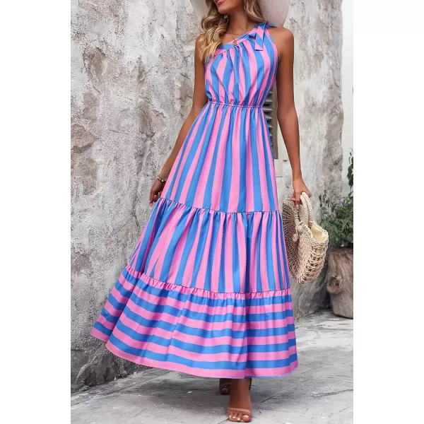 imagePRETTYGARDEN Womens Floral Maxi Dress 2024 Knot One Shoulder Sleeveless Ruffle Hem Flowy Boho DressesBlue Pink Stripe