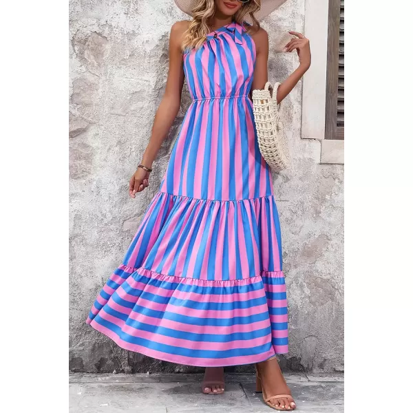imagePRETTYGARDEN Womens Floral Maxi Dress 2024 Knot One Shoulder Sleeveless Ruffle Hem Flowy Boho DressesBlue Pink Stripe
