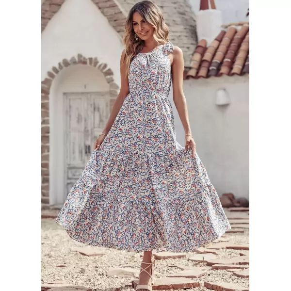 imagePRETTYGARDEN Womens Floral Maxi Dress 2024 Knot One Shoulder Sleeveless Ruffle Hem Flowy Boho DressesBlue White